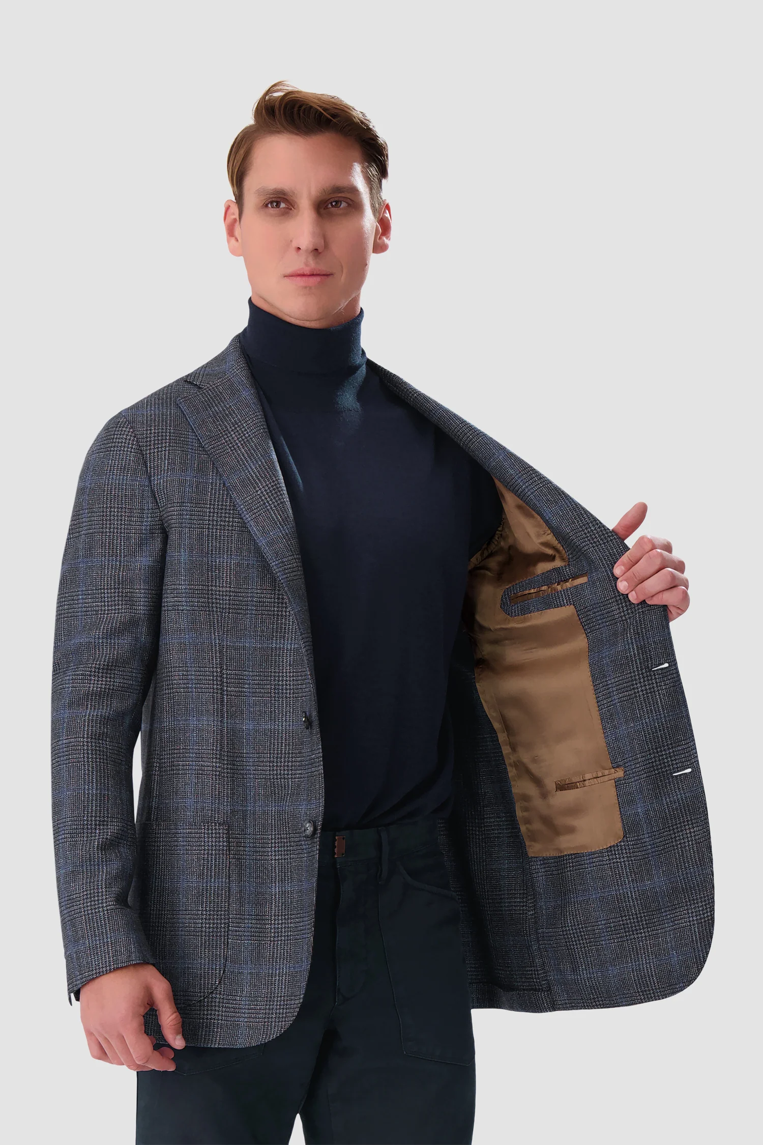 Barba Napoli Grey/Blue Checkered Long 2B Blazer - Image 5