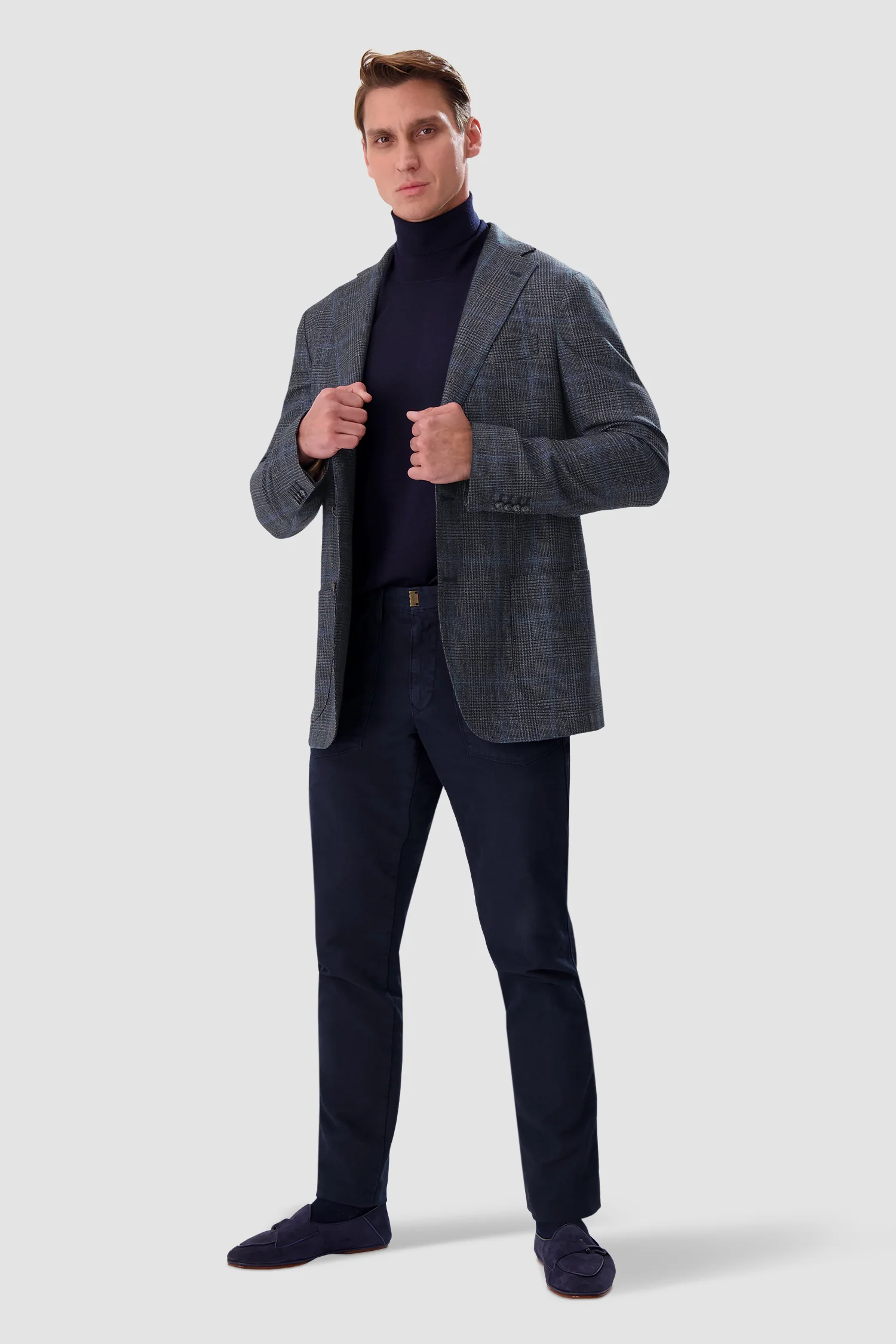 Barba Napoli Grey/Blue Checkered Long 2B Blazer - Image 7